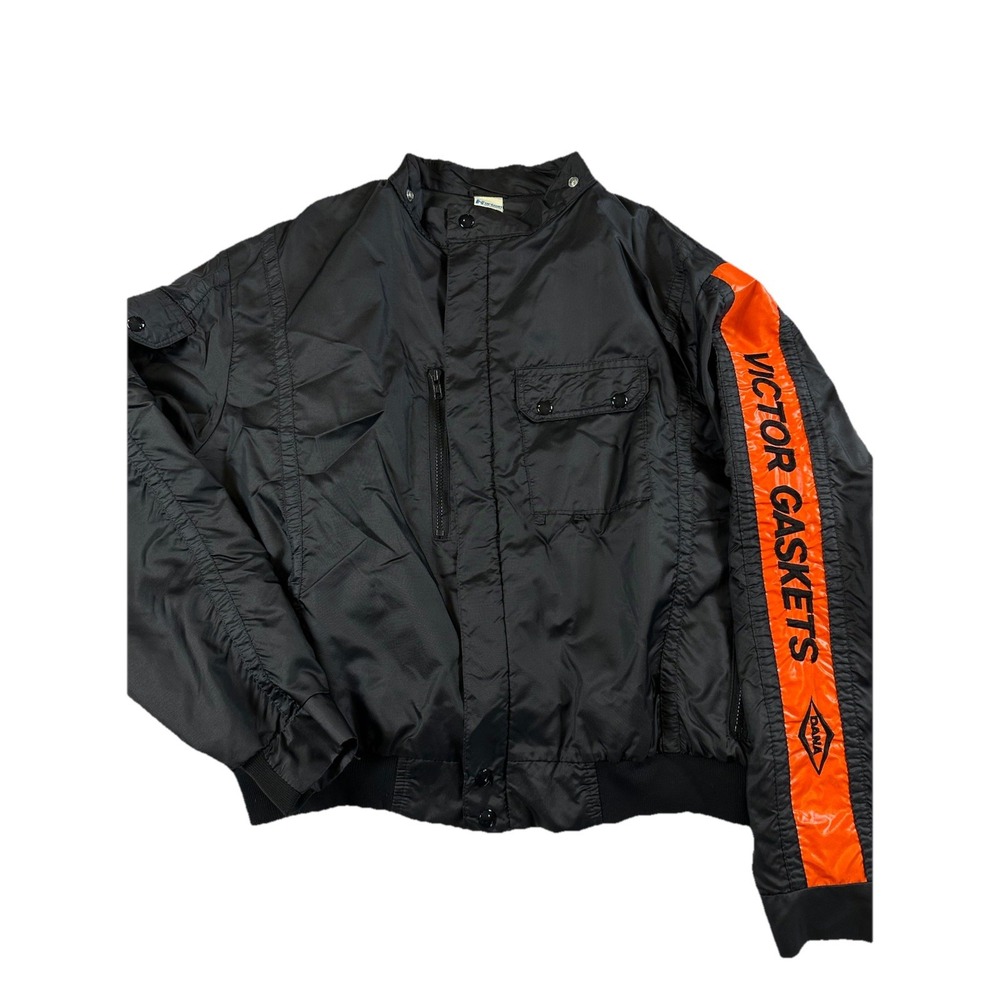 Vtg Victor Gaskets DANA Racing Jacket Bomber Black Orange Auto Hot Rod Sz XL